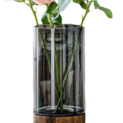 Artistic Wood Glass Vase, 10" H, Wooden Base Cylindrical Flower Vase, Classic Boho Rustic Style for Fireplace Bedroom Kitchen Living Room Centerpieces Office Desk