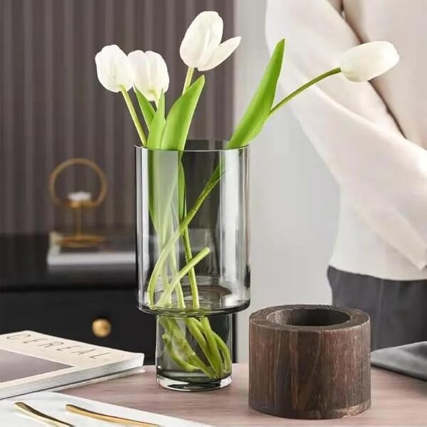 Artistic Wood Glass Vase, 10" H, Wooden Base Cylindrical Flower Vase, Classic Boho Rustic Style for Fireplace Bedroom Kitchen Living Room Centerpieces Office Desk - Image 2