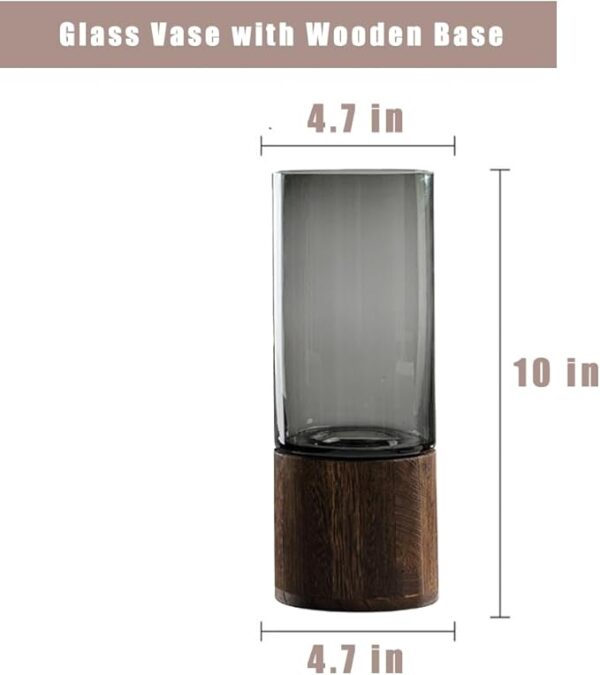 Artistic Wood Glass Vase, 10" H, Wooden Base Cylindrical Flower Vase, Classic Boho Rustic Style for Fireplace Bedroom Kitchen Living Room Centerpieces Office Desk - Image 3