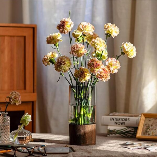 Artistic Wood Glass Vase, 10" H, Wooden Base Cylindrical Flower Vase, Classic Boho Rustic Style for Fireplace Bedroom Kitchen Living Room Centerpieces Office Desk - Image 6