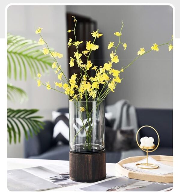 Artistic Wood Glass Vase, 10" H, Wooden Base Cylindrical Flower Vase, Classic Boho Rustic Style for Fireplace Bedroom Kitchen Living Room Centerpieces Office Desk - Image 7